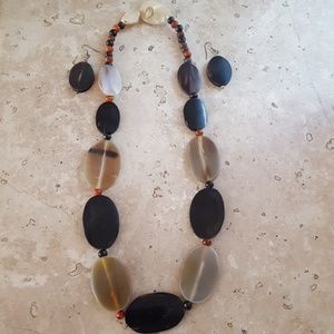 BLACK BROWN GREY BEADED NECKLACE W/HOOK EARRINGS